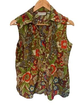 VTG Mixed Floral Green Brown Sleeveless Button-Down Pintuck Top Coastal Light M